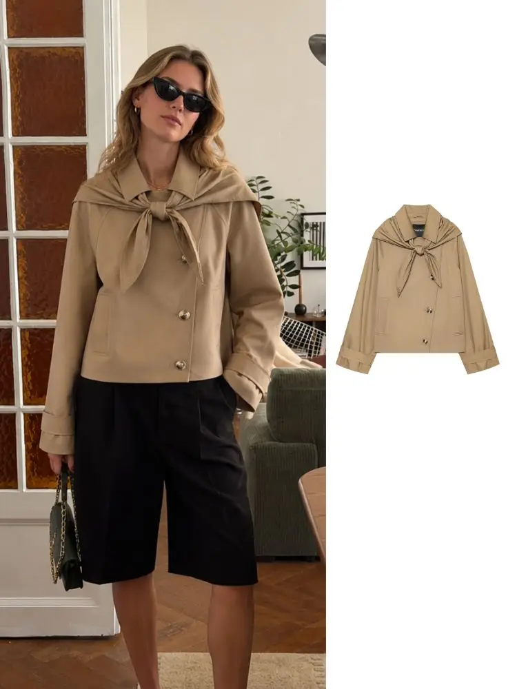 HH Women Spring Fall Short Trench Jacket Knotted Shawl Lapel Double Breasted Design Pockets Elegant Business Work Outerwearr