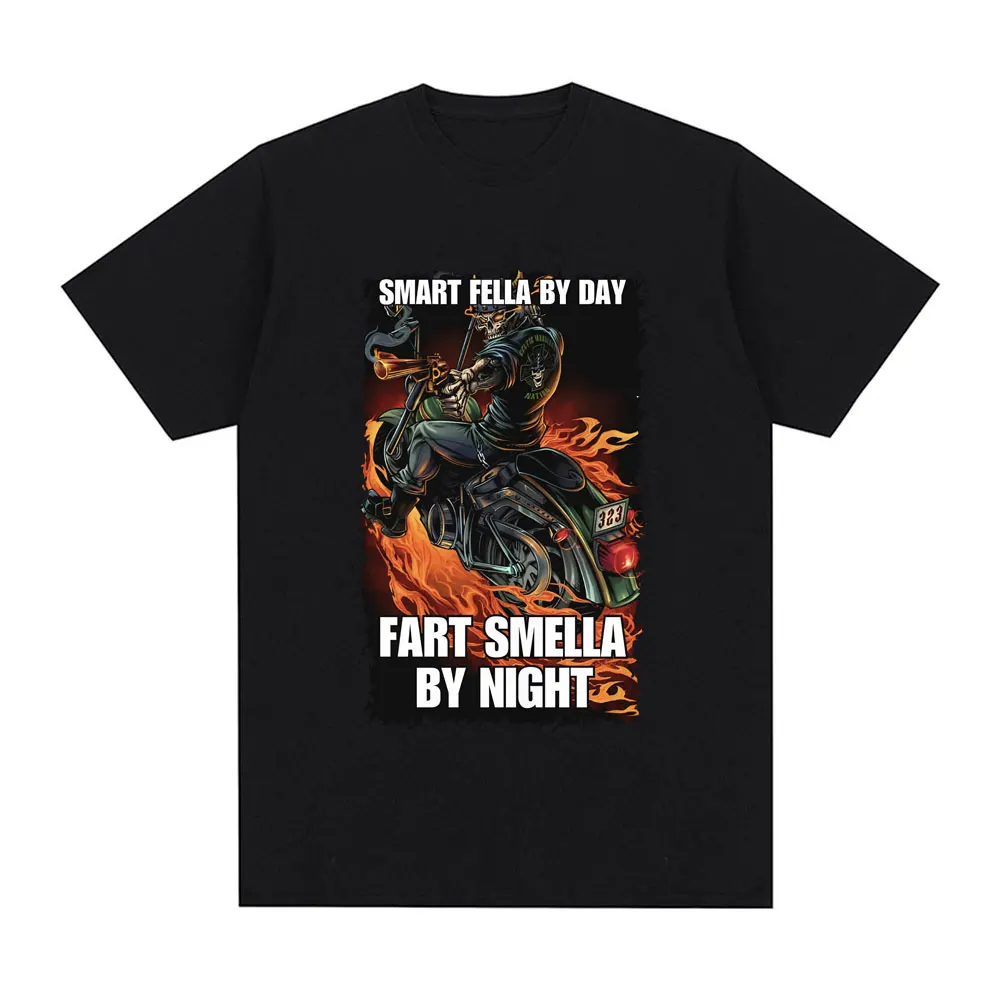 Funny Smart Fella By Day Fart Smella By Night Skeleton Meme Graphic T-shirt Men Fashion Vintage Short Sleeve T Shirts
