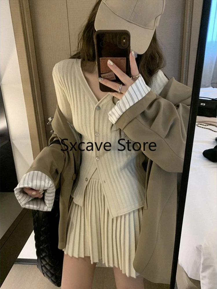 2023 Autumn Korean Knitted Sweater Suits Women Casual 2 Piece Skirt Set Elegant Cardigan + Pleated Mini Skirt Outwear Party Chic