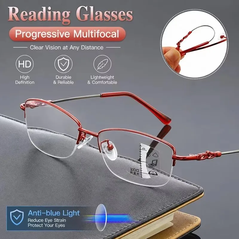 Memory Metal Half Frame Progressive Multifocal Reading Glasses Semi-Rimless Bendable Temple Anti-Blue Light Eyewear