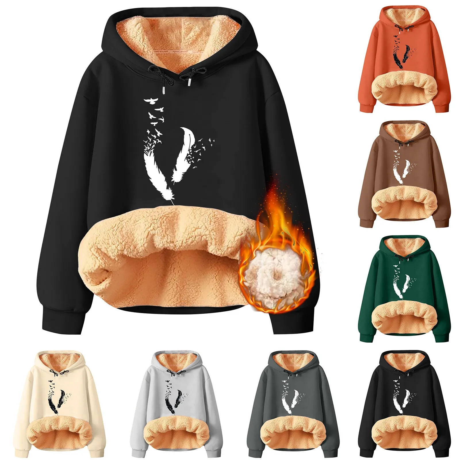 Women's Bird Feathers Print Fleece Hoodies Oversized Cotton Warm Hooded Loose Pullovers Autumn Winter Thermal Plush Ladies Tops