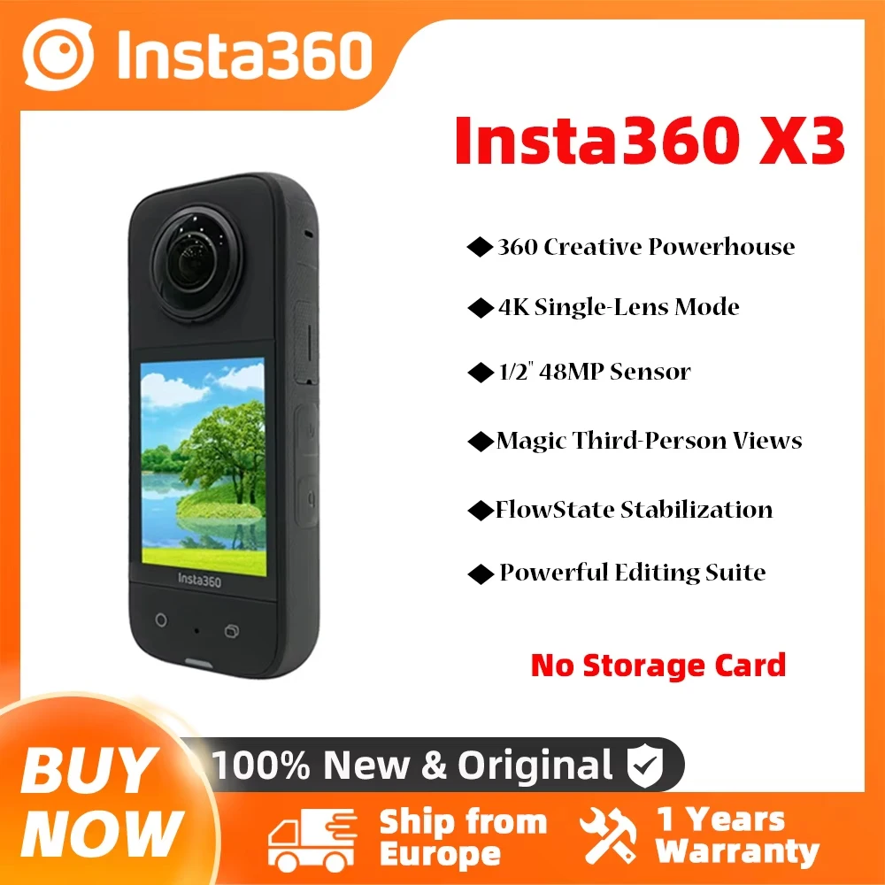 Insta360 X3 - Caméra d'action 360° étanche avec capteurs 1/2" 48MP, vidéo 360° Active HDR 5.7K, photo 360° 72MP, objectif unique 4K