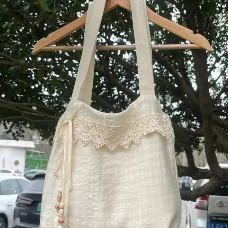 Bloom Haruku Beige Canvas Shoulder Bags Women Vintage Lace Large Capcity Tote Bag Purse Female Versatile Casual Handbag Y2k