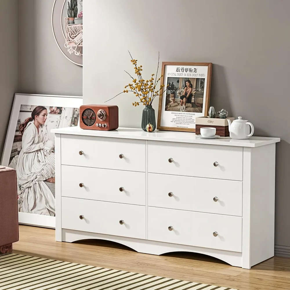 HOME-6 Drawer Dresser Wide Storage Organizer Wood Chest of Drawers for Bedroom Living Room