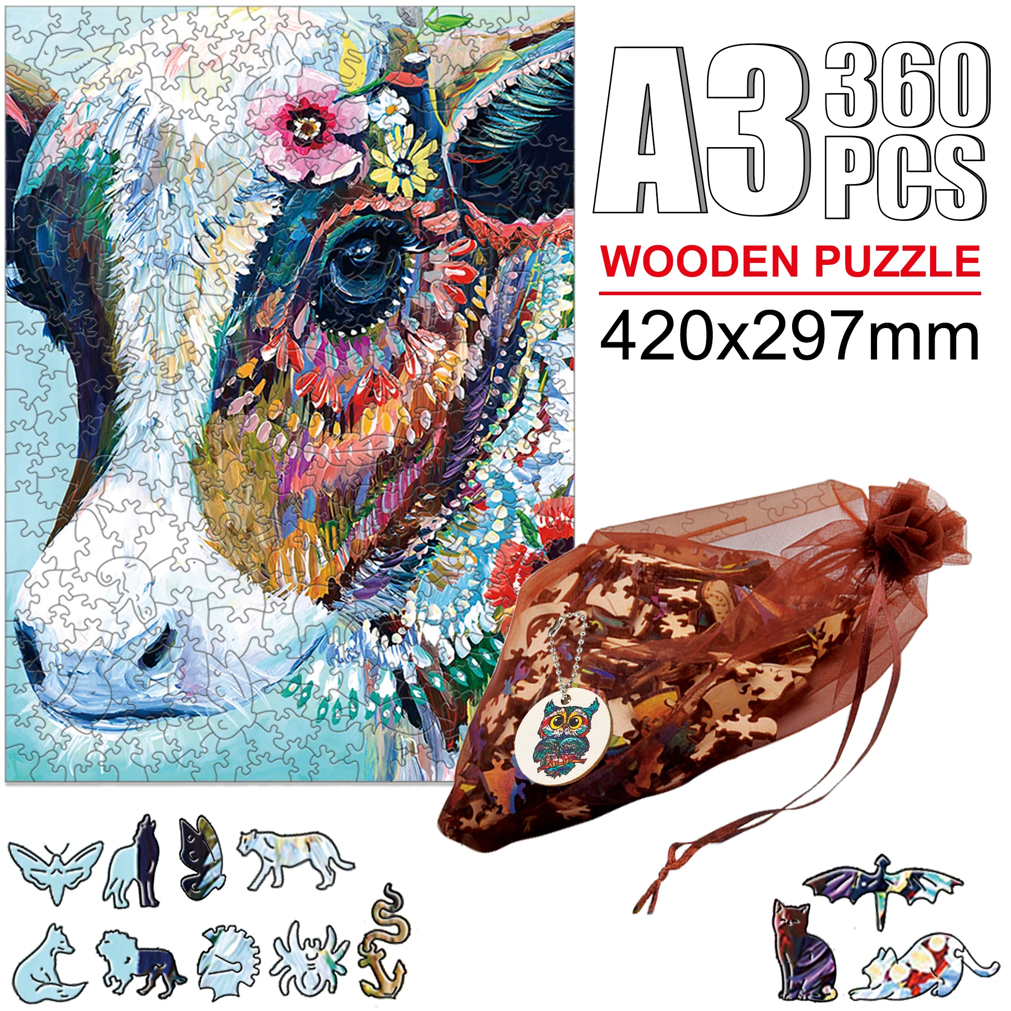 Wooden Animal Puzzle Colorful Rabbit Elephants Deer Horse Puzzl Toy For Adults Kids DIY Crafts Educational Games Toys Puzzle