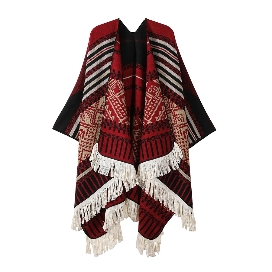 

Exquisite Luxury Tassels Vintage Stripes Jacquard Cape Long Poncho Autumn Winter Outerwear Unisex Leisure Travel Cloak Thick