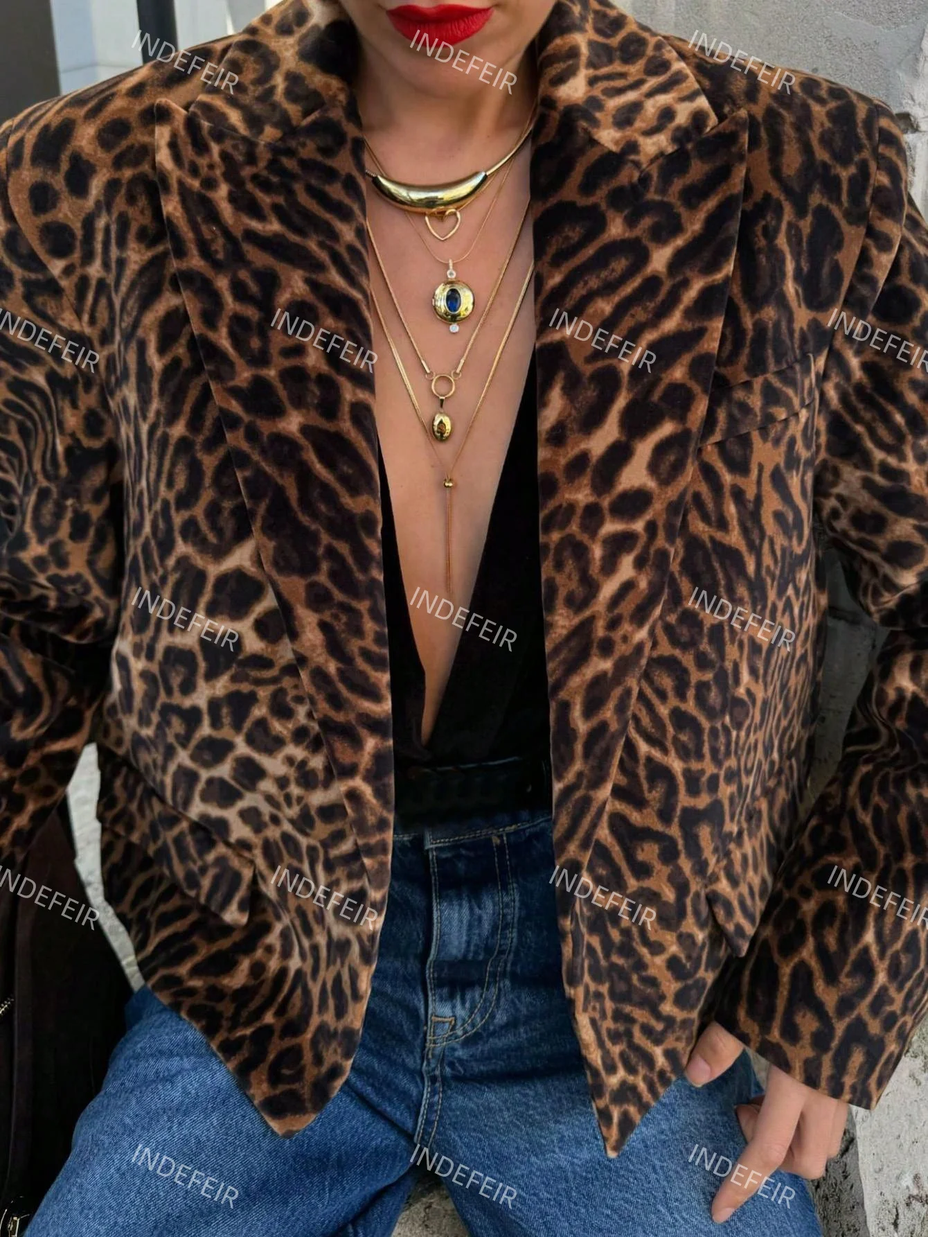 Indefeir Women's Spring New European and American Style Fashion Leopard Print Velvet Print Blazer