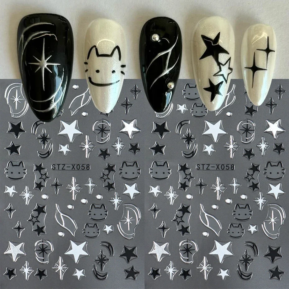 

Черный, серебристый кот, животные, наклейки для ногтей, наклейки Y2K, подвески, милая собака, мультяшные клейкие ползунки, фольга для маникюра, украшение для дизайна ногтей