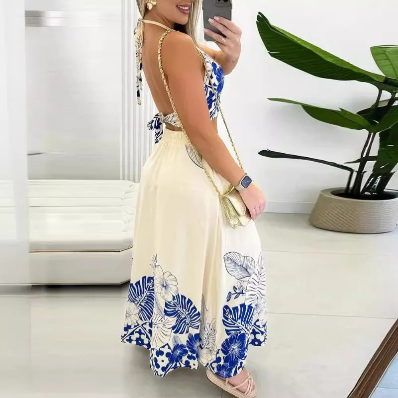 2024 Spring Summer New Women's Clothing Tropical Printing Halter Sleeveless Backless Top Skirt Casual Suit