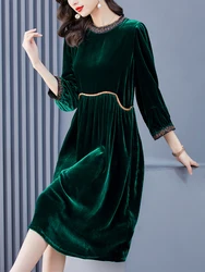 Female Korean Vintage Hepburn Luxury Long Dress Autumn Winter Solid Velvet Chic Ruffled Dress 2024 Elegant Bodycon Evening Dress