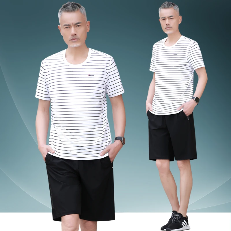 

Summer Ice Silk Men's T-irt round Ne ort Sve Casual Thin round Ne Stripe Pattern Comfortable Loose Fit Daily Wear