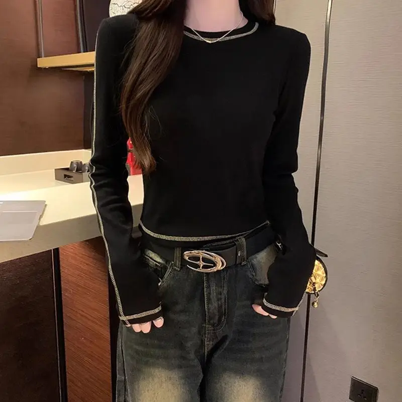 Spring Autumn Letter Geometry Printing Long Sleeve Pullover Women's Spring Autumn T-shirt Round Neck Streetwear All-match Tops image 6