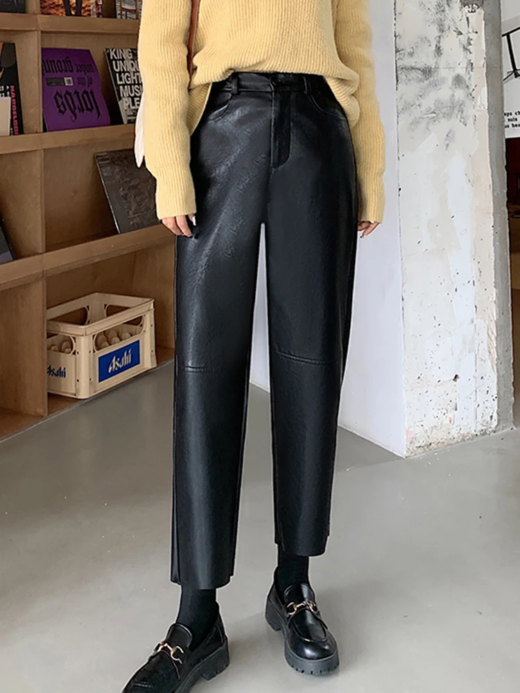 

New 2024 Autumn Winter Leather Pants Women Korean Fashion High Elastic Waist Red Or Black Color Harem Trousers Female Pantalones