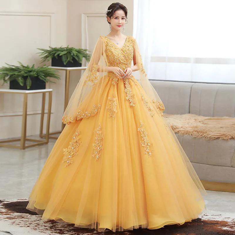 Colorful V-neck Wedding Dress Evening Gown Annual Party Host Performance Student Performance Ball Fluffy Skirt Customized