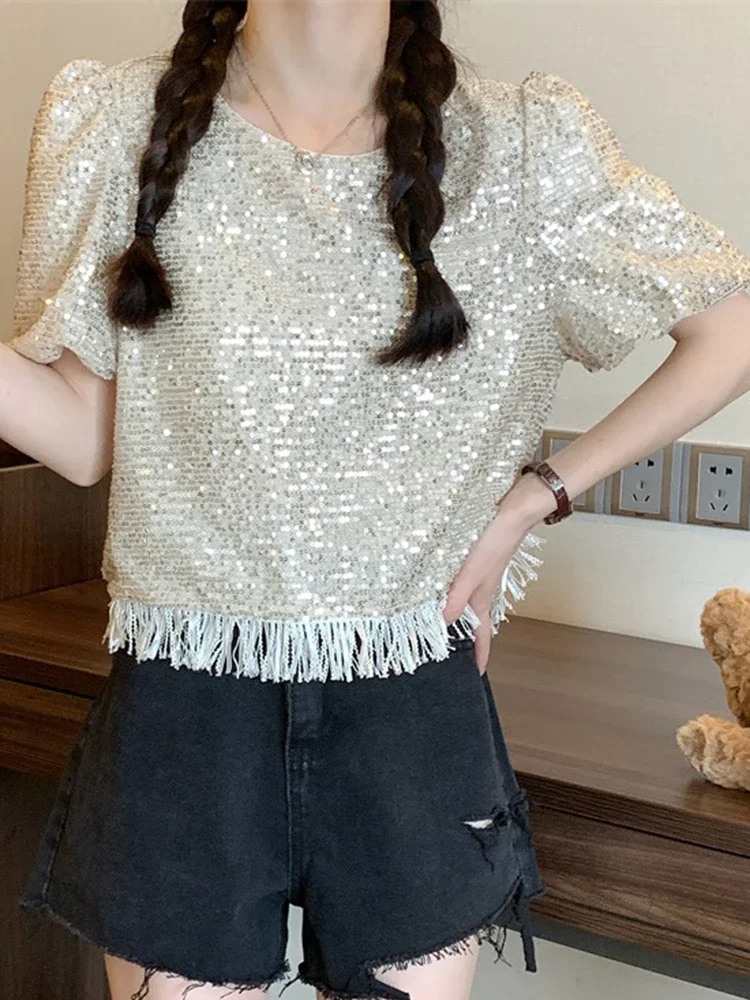 Womens Tops O-Neck Puff Sleeve Tassel Sequins Loose T Shirt Shiny Apricot French Slim Designer Top Female Fashion 2023