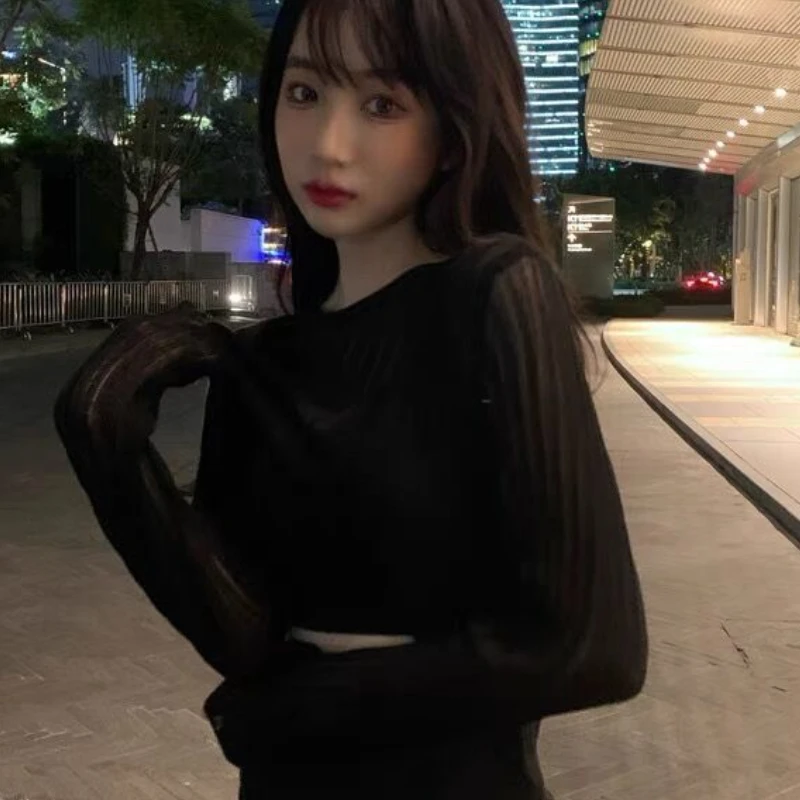 

Pullovers Women Sexy Sheer Designed Hotsweet Female Leisure Temperament Spring Cozy Simple Korean Style O-neck Harajuku Popular