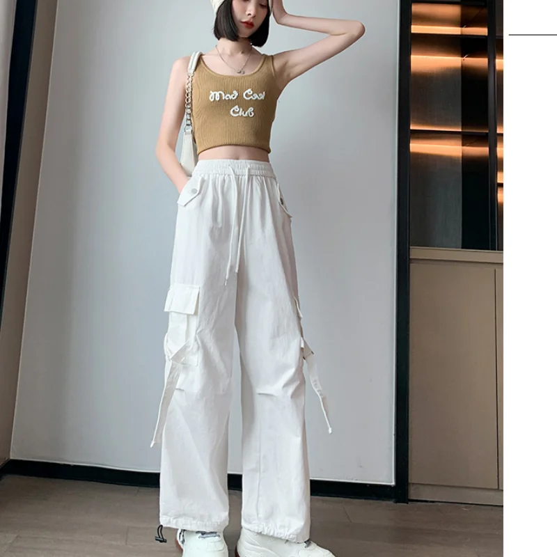 النساء قيعان رمادي Vintage السراويل البضائع رقيقة عالية الخصر واسعة الساق مستقيم جيب السراويل غير رسمية فضفاض التطهير بنطلون السيدات الصيف #5