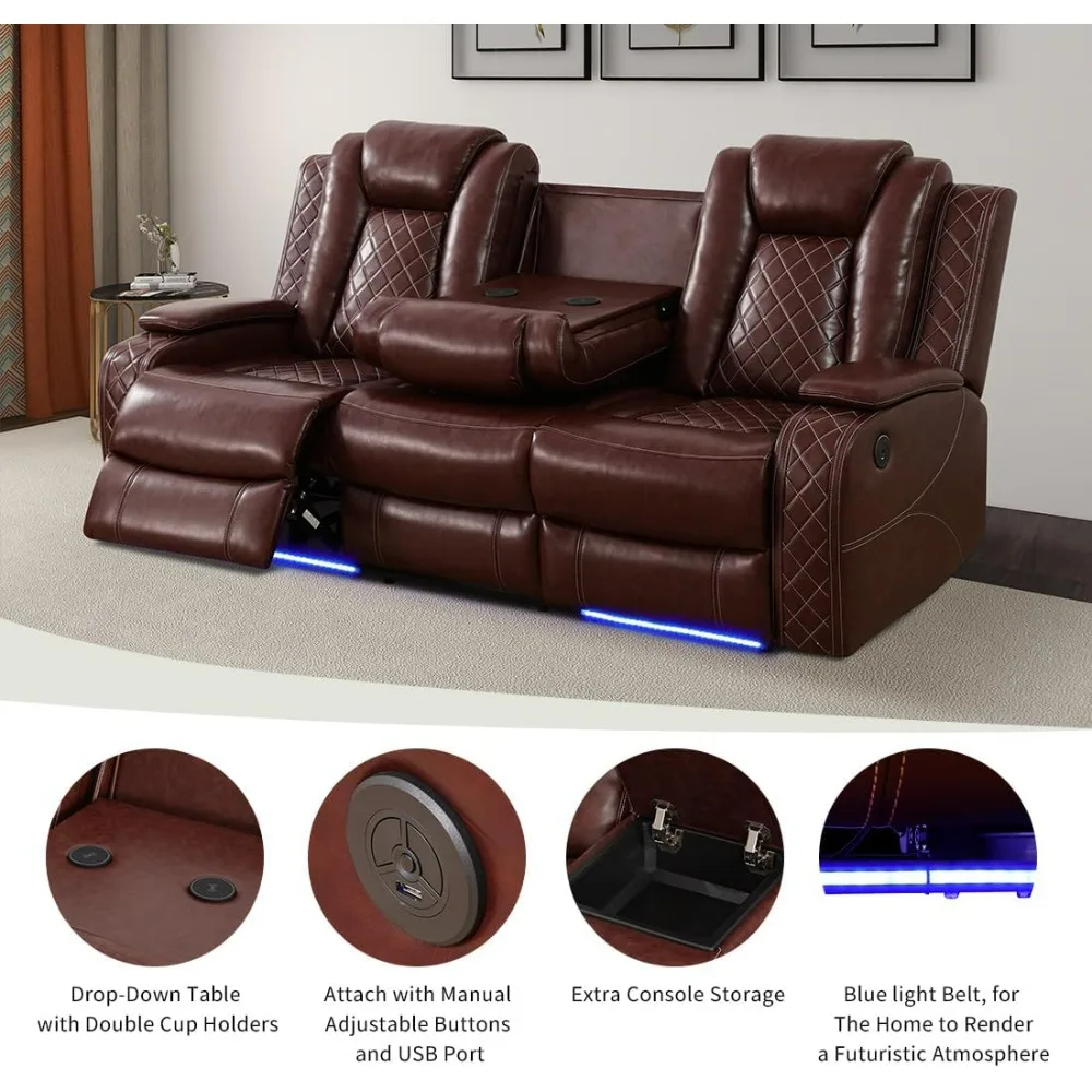 Breathing Reclining Leather Sofa, Living Room Power Recliner Adjustable Manual Sofa with UPS Ports/LED Light/Wireless Charger