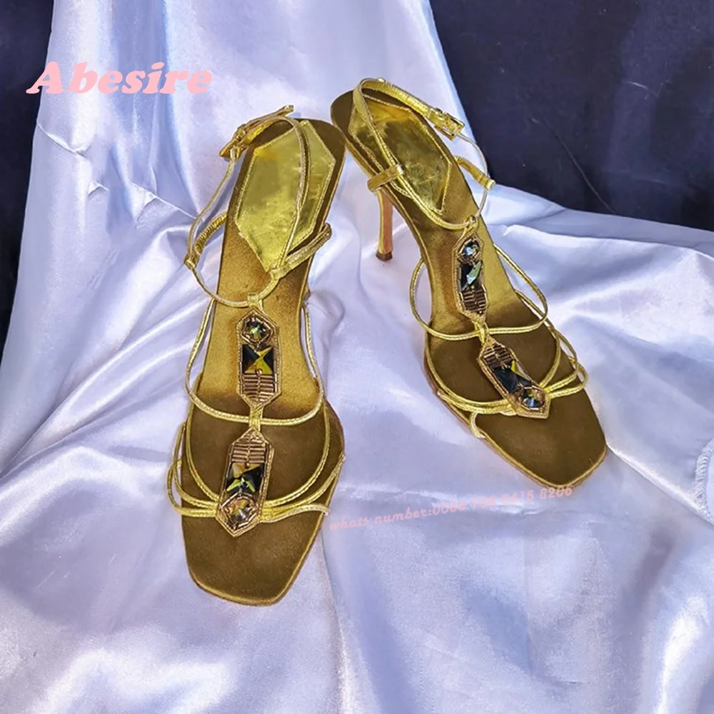 Gold Gemstone T-Strap Sandals Open Toe Ankle Strap Buckle Women's Sandals Summer 2024 New Slingback Stiletto Heels Luxury Shoes