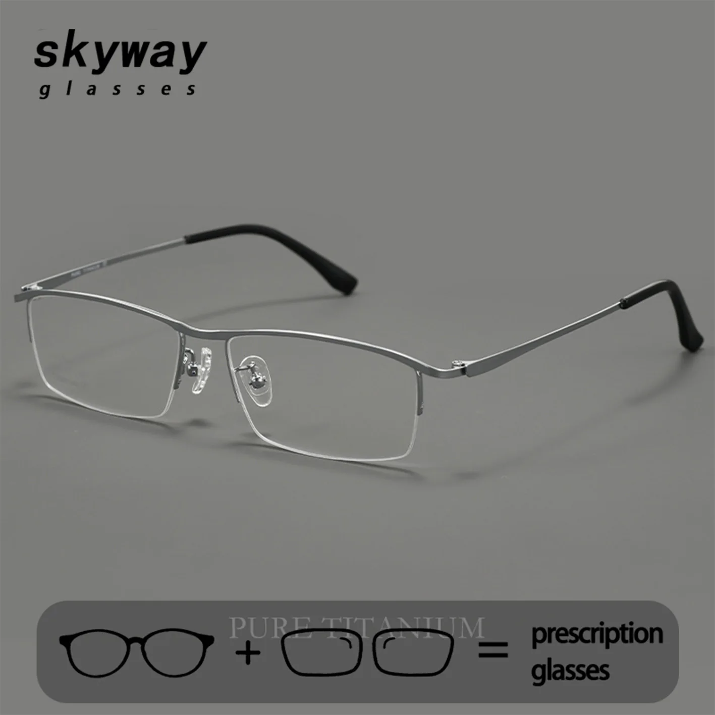 SKYWAY Men Business Eyeglasses Pure Titanium Half-rim Browline Frame Slim Myopia Eyewear Comfortable For Long Time Wearing