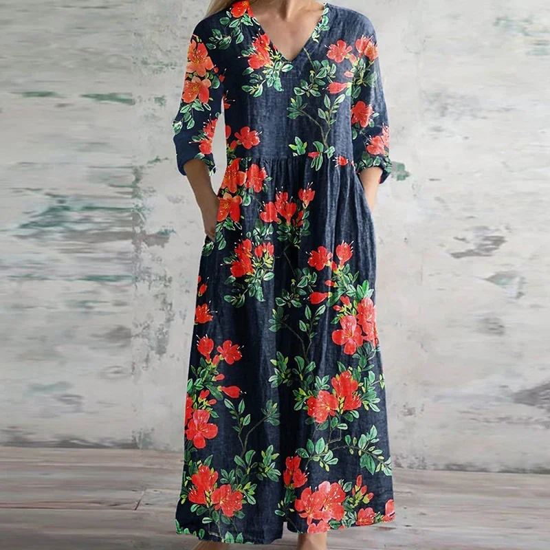 Damenmode Blumen druck loses Kleid Frühling Single A-Linie langes Kleid Retro Sommer modische V-Ausschnitt Boho Maxi Kleider