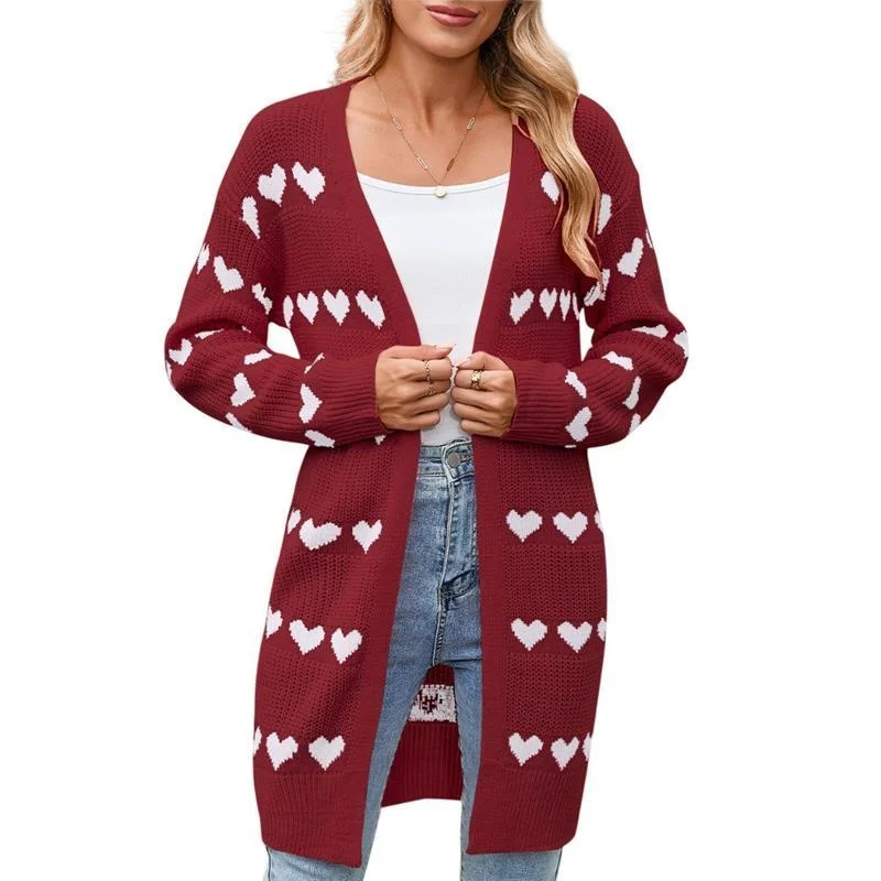 

Autumn Winter Cross-Border Vntine's Day V-Ne Heart Pattern Knitted Open Cardigan Sweater Women's Faion Commute Sle