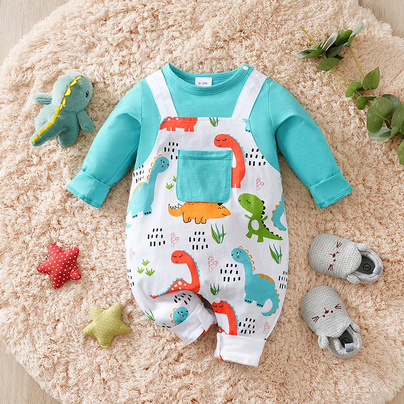 Baby\'s Fake Shoulder Strap Ha Yi Newborn Pure Cotton Jumpsuit Cartoon Dinosaur Long Sleeved Spring And Autumn Clothes