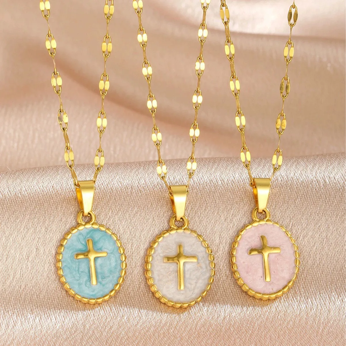 Stainless Steel Elliptical Cross Colored Natural Stone Pendant Necklace Enamel Womens Stainless Steel Enamel Opal Necklace Gift