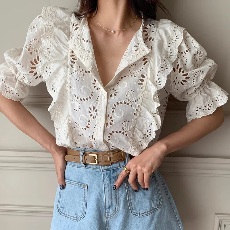 Nomikuma Korean Chic 2024 Summer French Chic Hollowed Out Hook Flower Versatile Ruffle Edge Puff Sleeve Shirt for Women