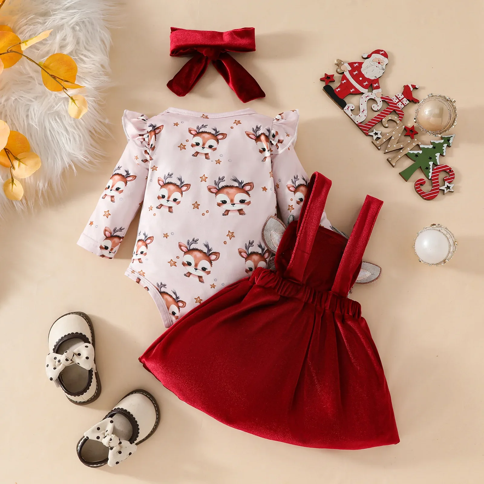 Christmas Baby Girls 3pieces Set Long-Sleeve Onesie Deer Print Suspender Skirt & Matching Headband