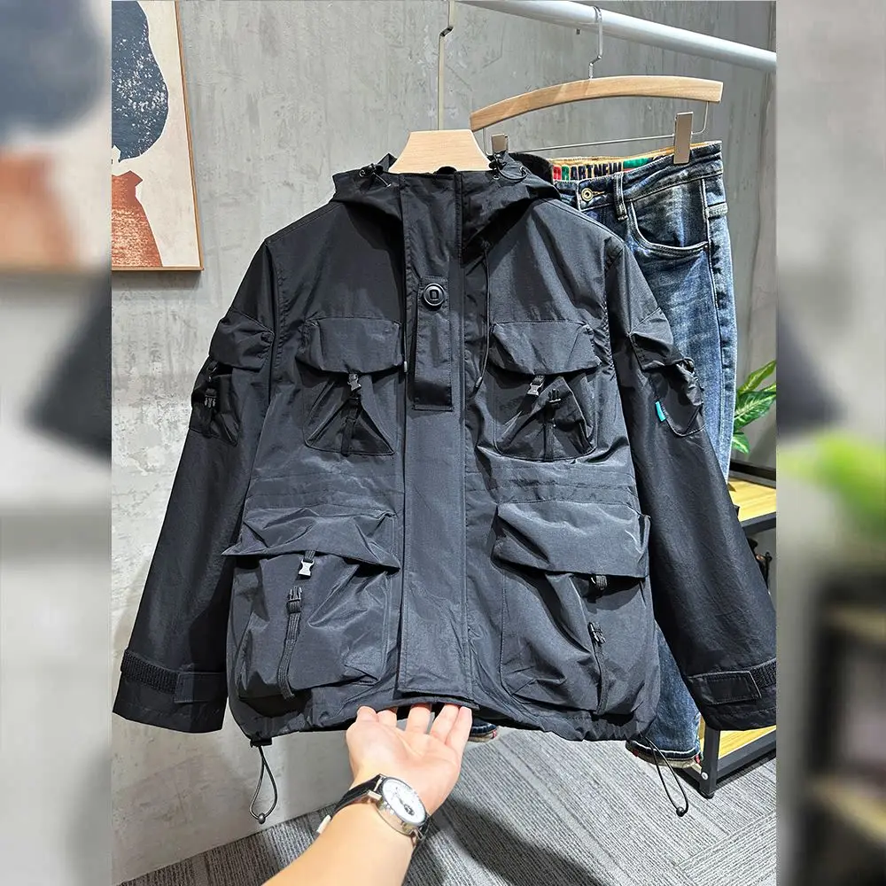 

Vintage Multi-Pocket Casual Hooded Jackets Men Outdoor Cargo Stylish Spring Autumn Long Sleeve Fashion Bomber Coat Outerwear