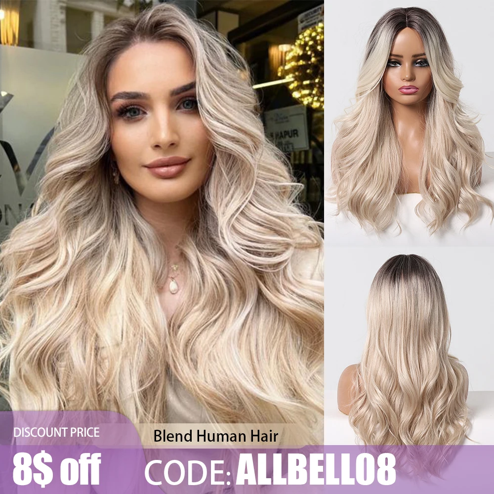 Long Wavy Blend Human Hair Wigs Hairline Lace Frontal Wig Middle Part  Blonde Body Wave Wig Dark Root Hair for White Women Daily