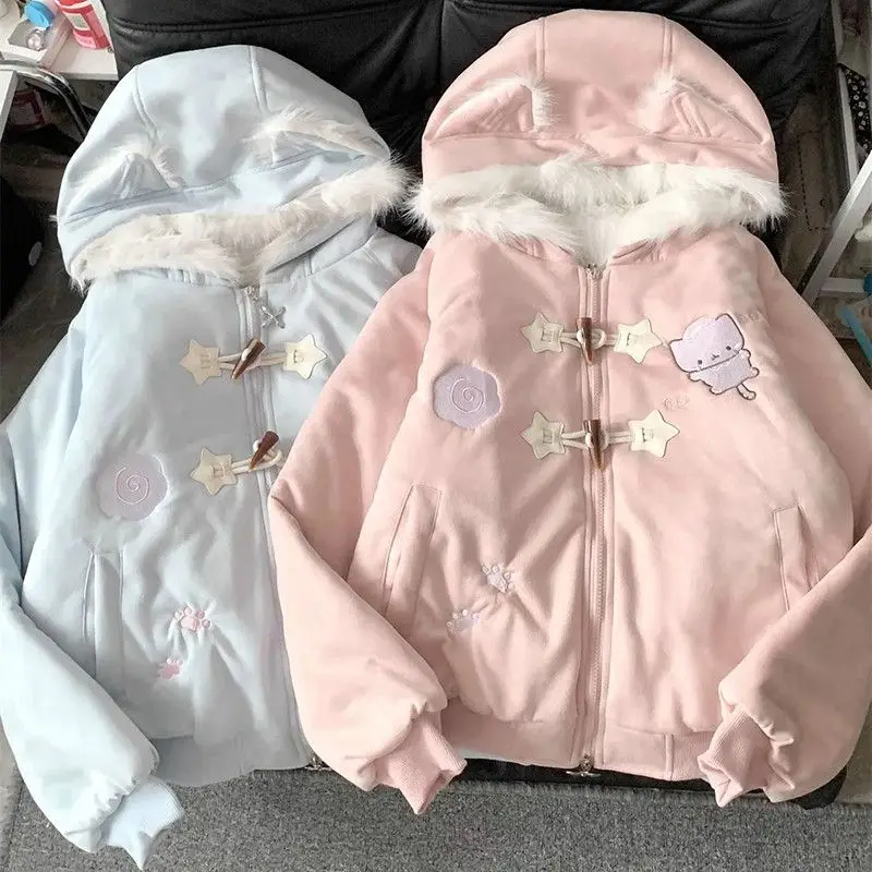 Japanese Preppy Style Cartoon Embroidery Lolita Parkas Women Fur Patchwork Hooded Jacket Coat Harajuku Y2k Winter Warm Clothing