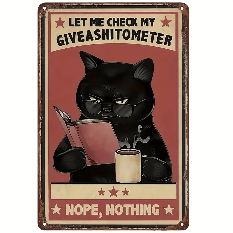 Black Cat Reading and Coffee Vintage Metal Tin Sign - 'Check My Giveashitometer, Nope Nothing' Humorous Decor for Lovers, Home W