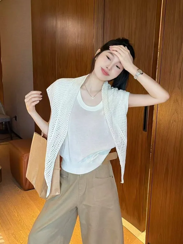 Ladies Casual Knitted Shoulder Wrap Hollow out Loose Fit Top Spring 2026 Fashionable Breathable Short Sleeve Open Cardigan