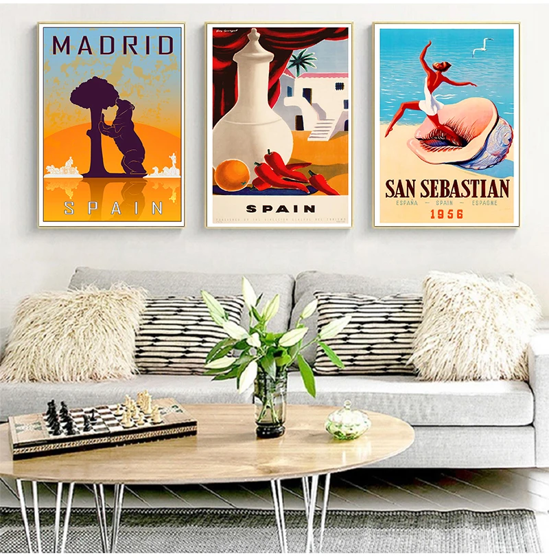 Spain Madrid San Sebastain Travel Canvas Painting Vintage Wall Kraft Posters Coated Wall Stickers Home Decorative Pictures Gift