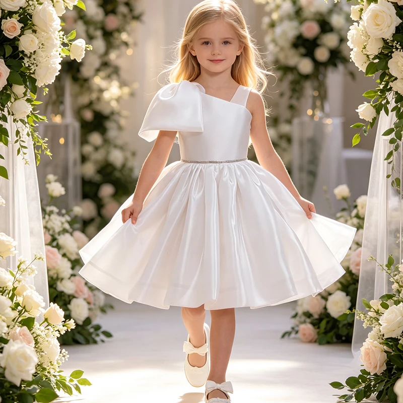 Elegant White Satin Flower Girl Dress Puff Sleeve Kids Princess Gown Children Birthday Wedding Bridesmaid Party Dress