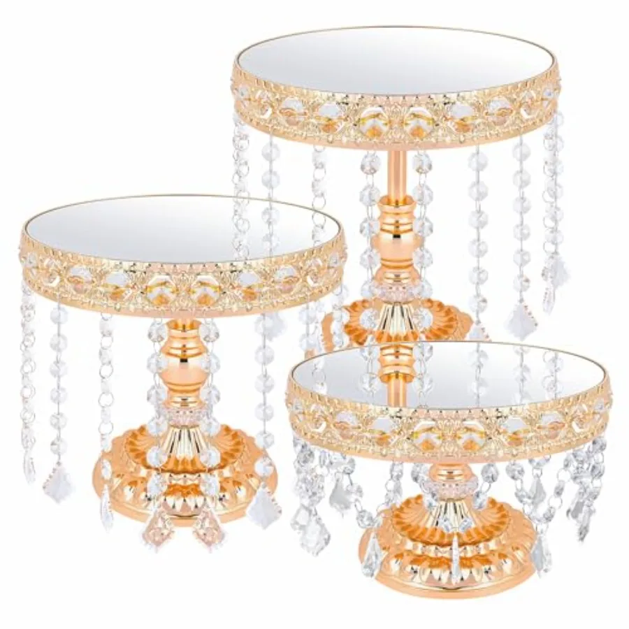 

3 PCS Round Cake Stand with Crystal Bling Pendants European Style Lace Cake Plate Golden Premium Display Stand with Crystal Bli