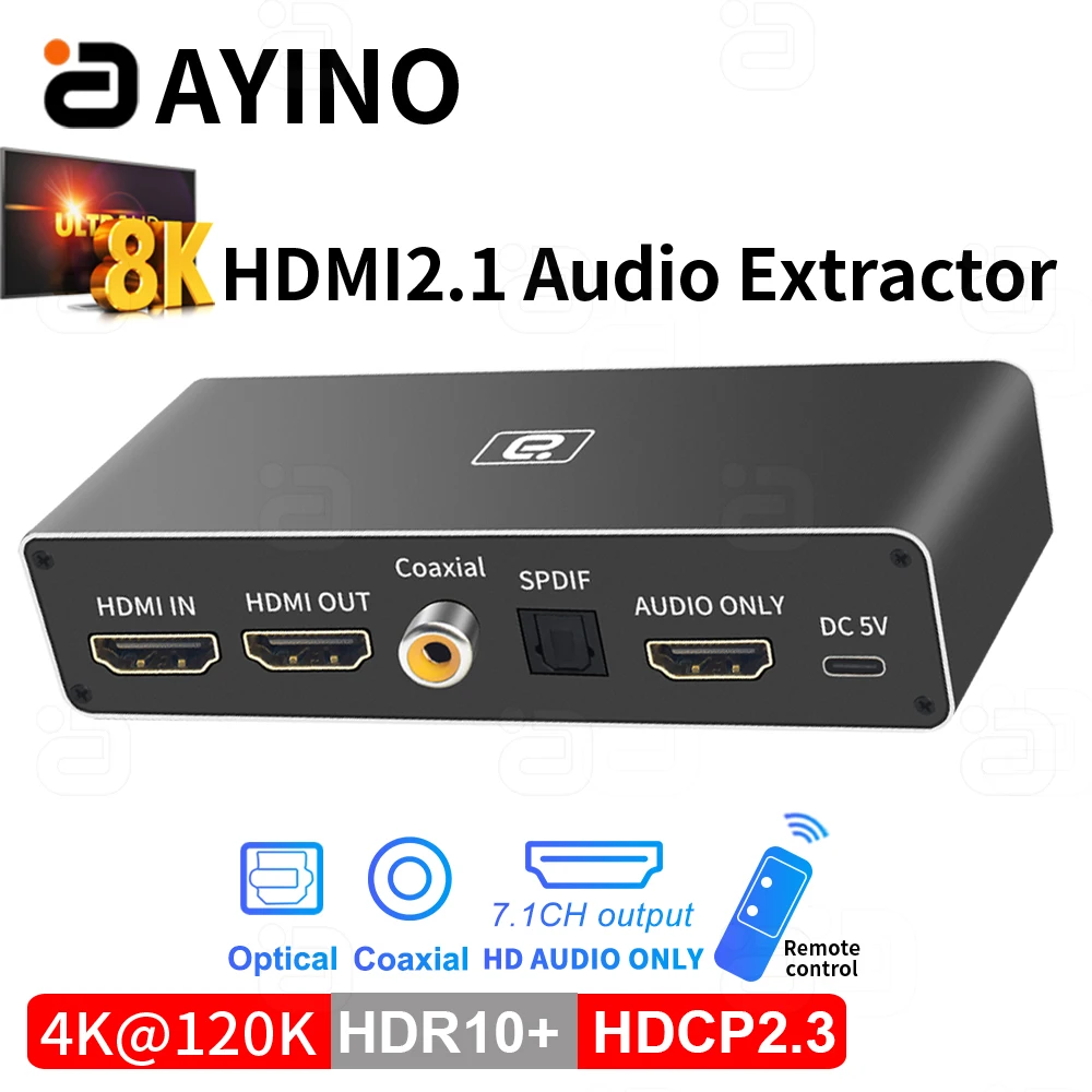 

8K@60Hz HDMI2.1 Audio Extractor 4K@120Hz Optical Coaxial 7.1CH LPCM Atmos DTSHD Audio Only Splitter CEC HDR10+ Converter FOR TV