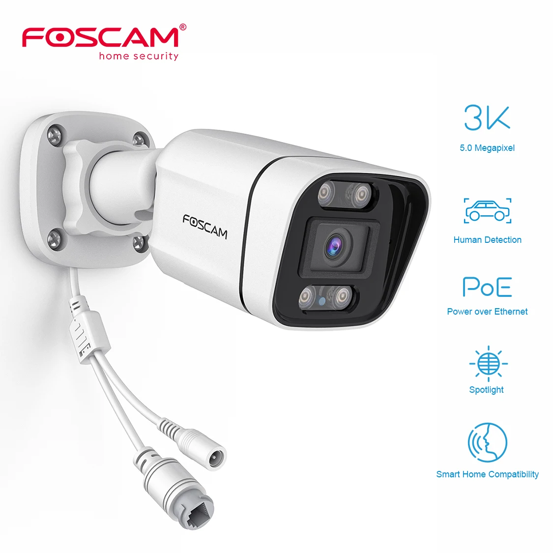 FOSCAM-cámara de seguridad IP POE para exteriores, dispositivo de vigilancia para el hogar, con detección inteligente de personas y coches, visión nocturna a Color, 5MP