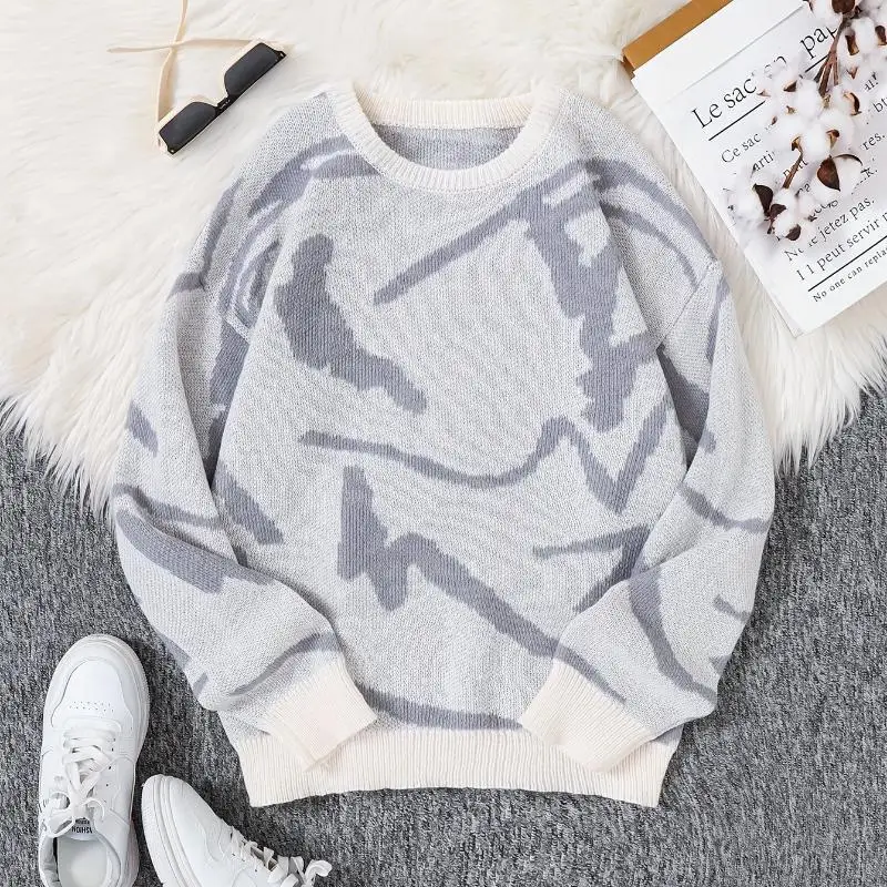 

Autumn Winter Men Graffiti Jacquard Pattern Sweaters Long Sleeve O-neck Knitted Pullovers Chic Tops Male Casual Loose Knitwear