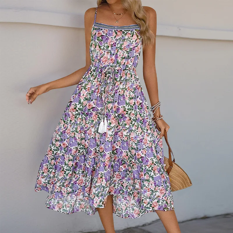 

Long Dress Women Sling Dresses A Line Vestidos Print Floral Y2k Streetwear Sleeveless Casual Elegant Beach Party Night Summer