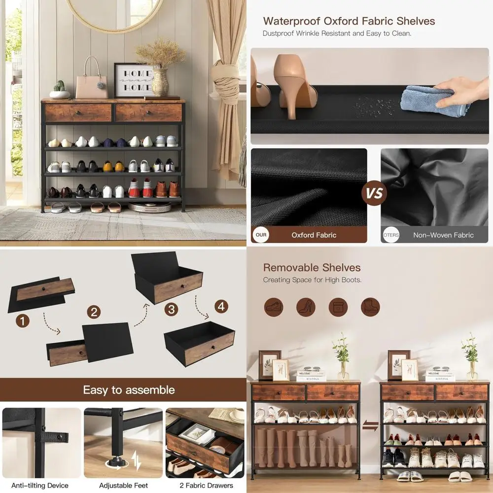 

4-уровневый органайзер для хранения обуви с выдвижными ящиками, металлический каркас, вместимость 12-15 пар, верх из ткани и дерева, подставка для обуви в прихожую, рустик-стиль