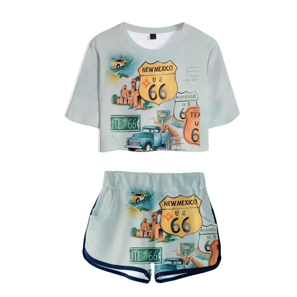 Fashion Youthful Mother Road Route 66 3D Print Two Piece Set Wo Sexy Shorts+lovely T-shirt Cute Dew navel Sport Girl suits