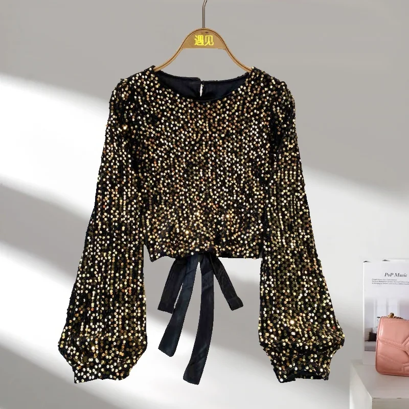 EWQ Luxury Fashion Female Pullover Tops Backless Bow Lace-up Design Sequins Women Velvet T-shirt 2025 Spring New Tide 27X2130