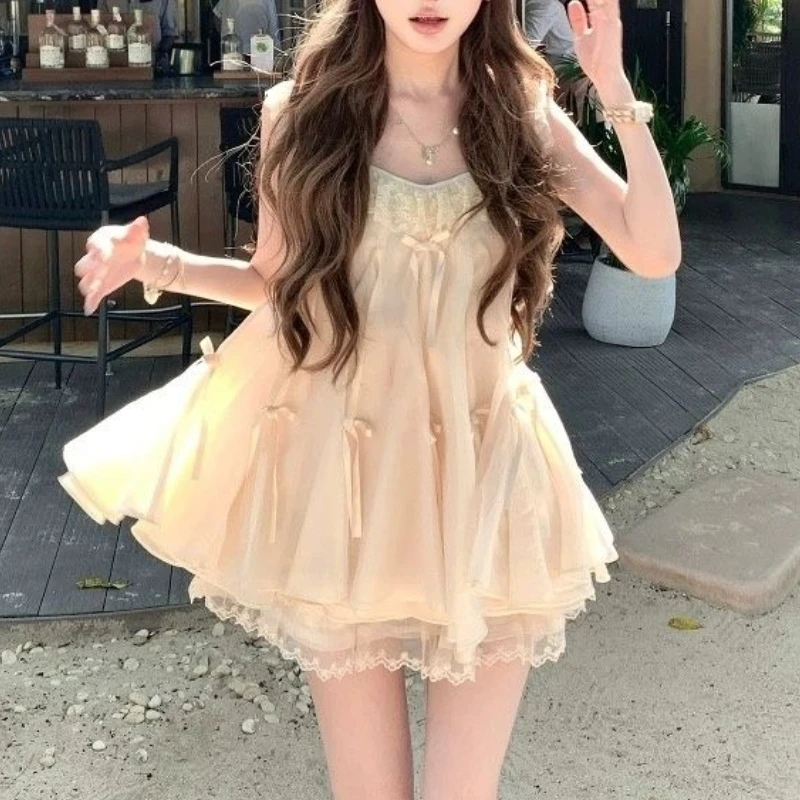 French Sweet Style Summer Women Dress Set Y2k Lace Design Sense Bow Princess Dress Harajuku Fashion Korean Chic Clothes New 2025