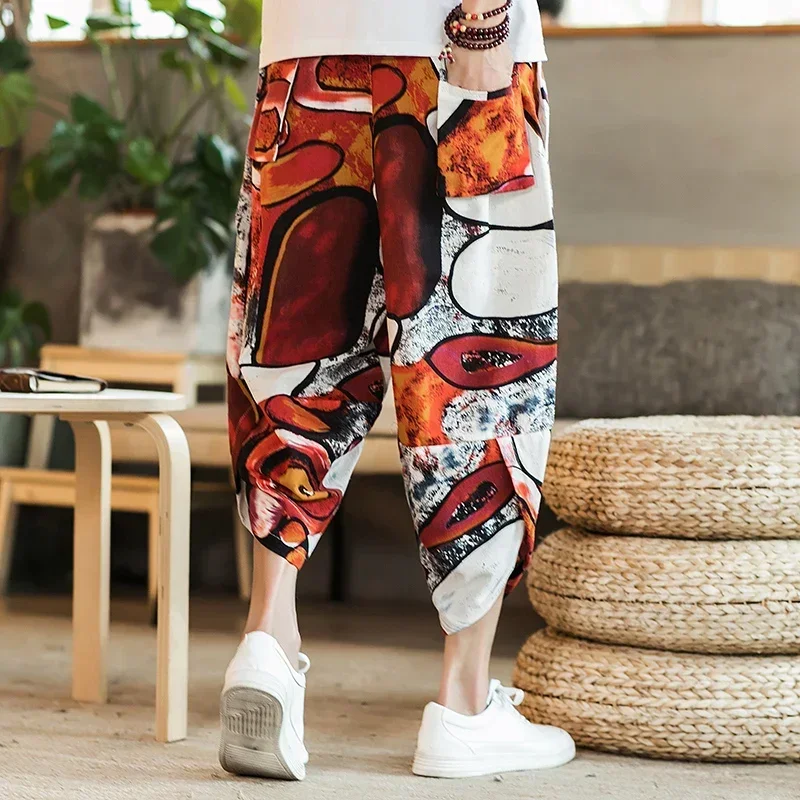 Kimono Pants Japanese Male Casual Loose Seven-Point Samurai Print Trouser Japan Men Yukata Harajuku Traditional Asian Costume