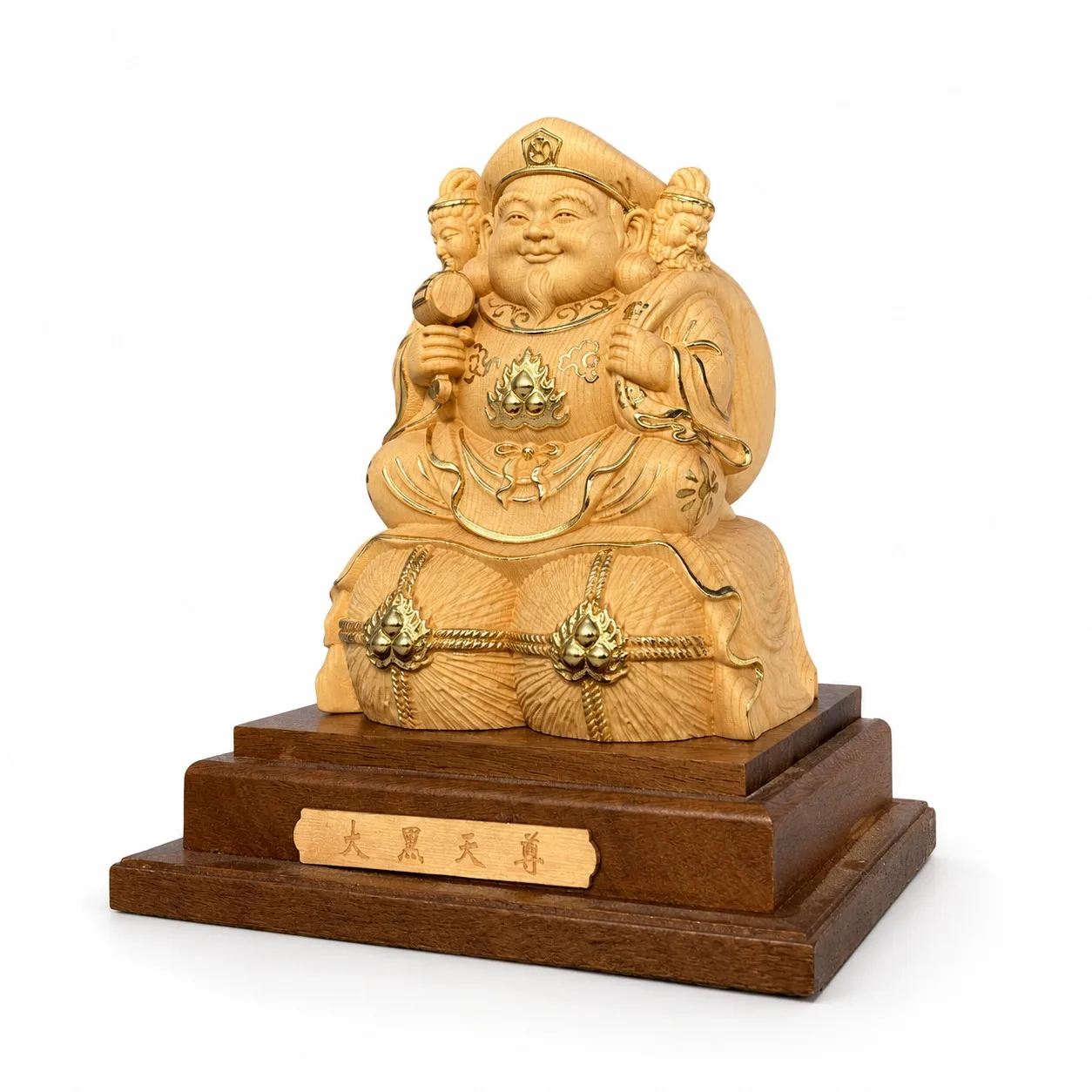 Hand Carved Hinoki Wood Daikokuten Statue with Gold Leaf for Traditional Buddhist Zen Home Office Tabletop Wealth Decor Gift