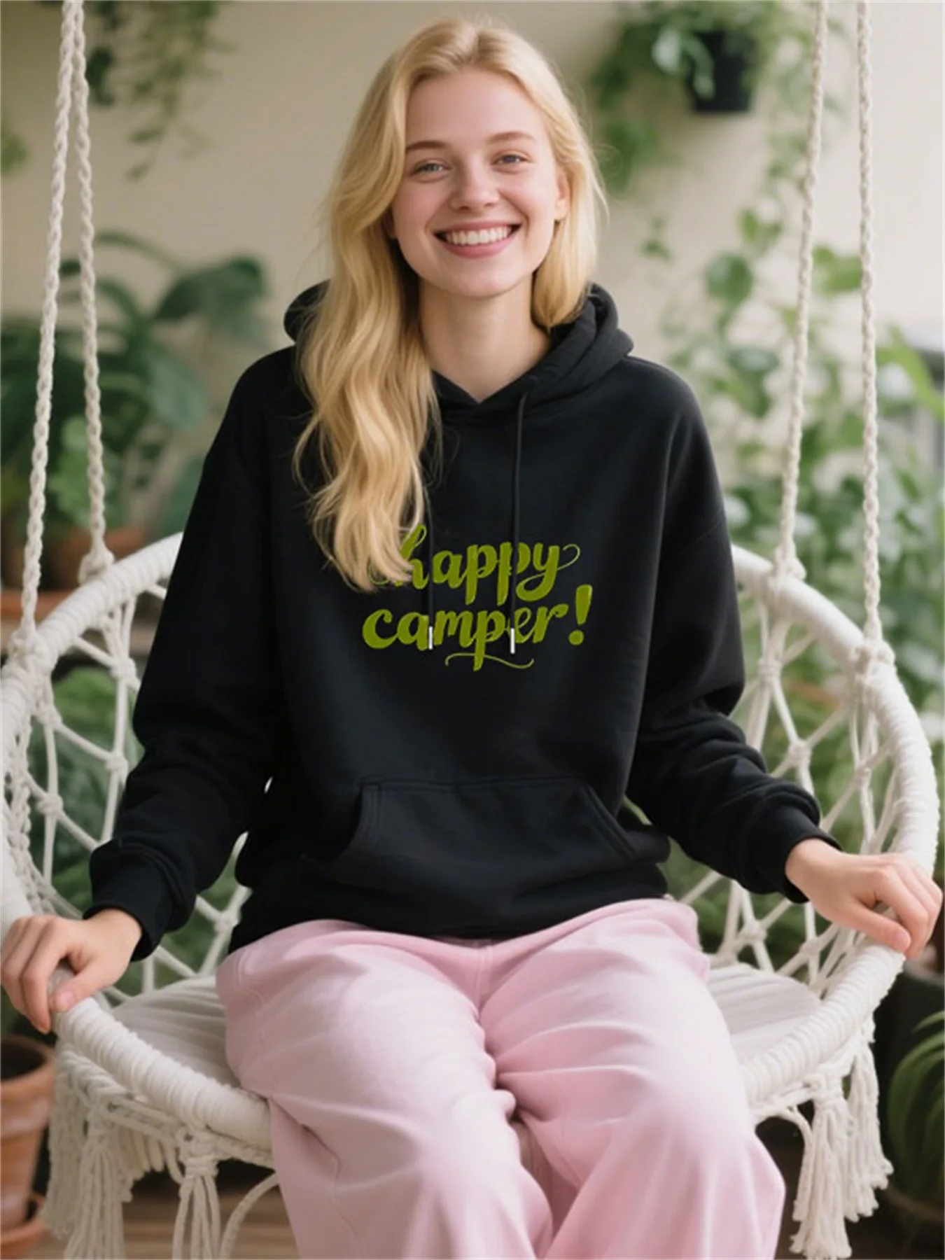 Women's Soft Cotton Hooded Pullover Featuring Happy Camper Slogan Design, Daily Comfort Wear For Outdoor,Ideal Easter Gift.