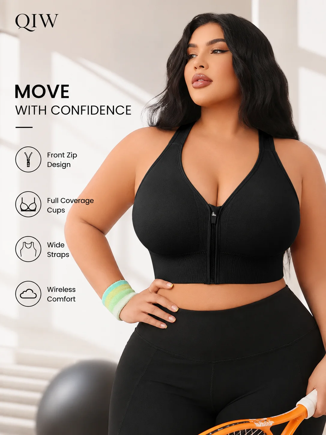 Women's Bra Plus Size Zip Front Yoga Sports Bra, X-Back Wirefree Removable Pads 1XL-4XL